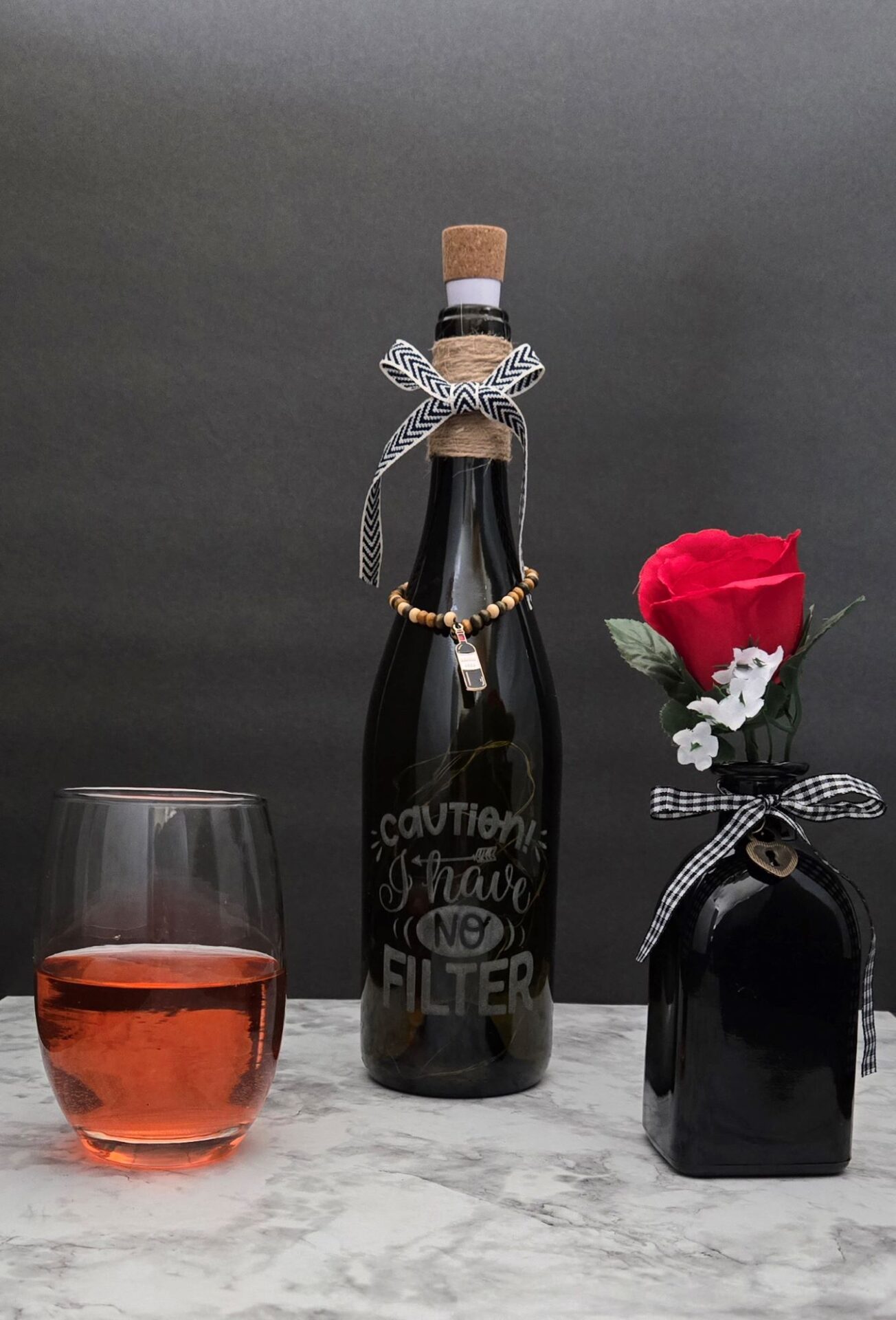 laser etched upcycled bottle; caution, i have no filter