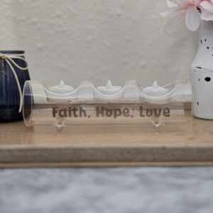laser etched glass votive holder; family; led candles