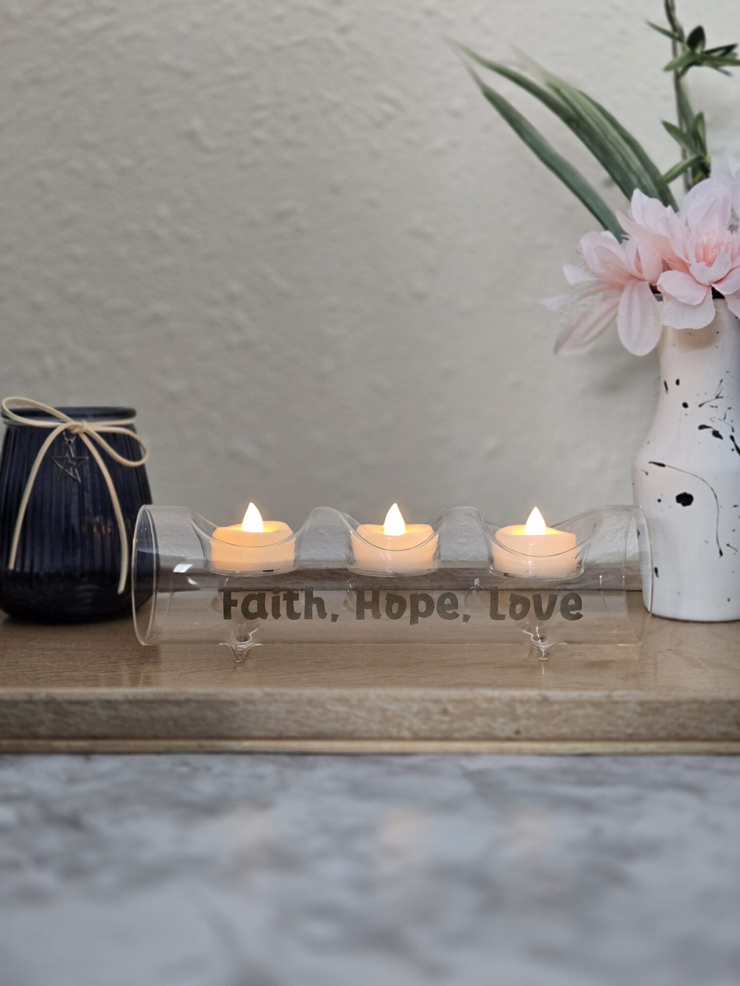 laser etched glass votive holder; family; led candles