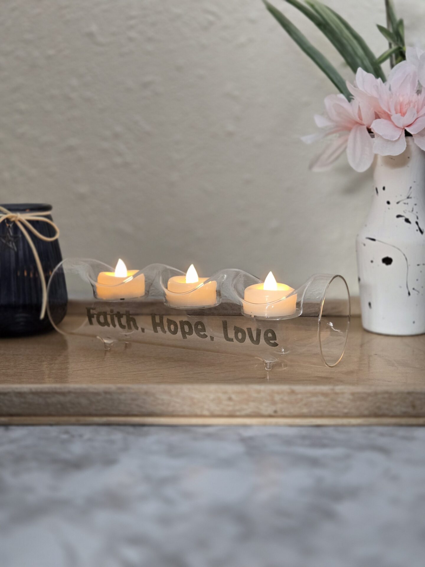 laser etched glass votive holder; family; led candles