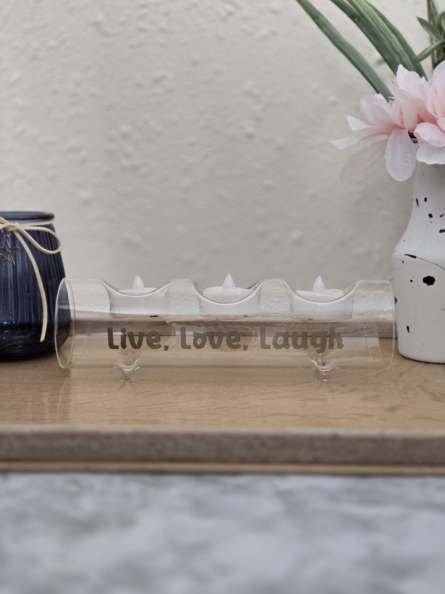 laser etched glass votive holder; family; led candles