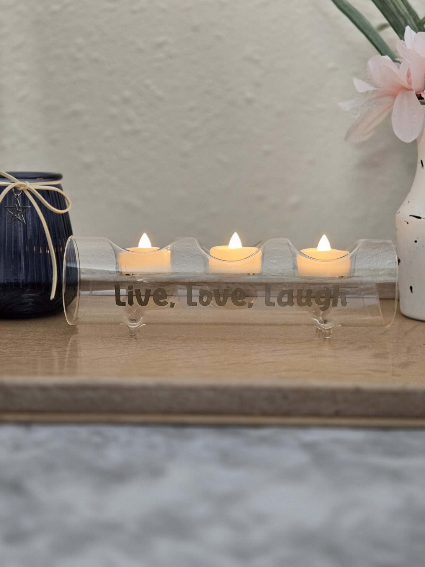 laser etched glass votive holder; family; led candles