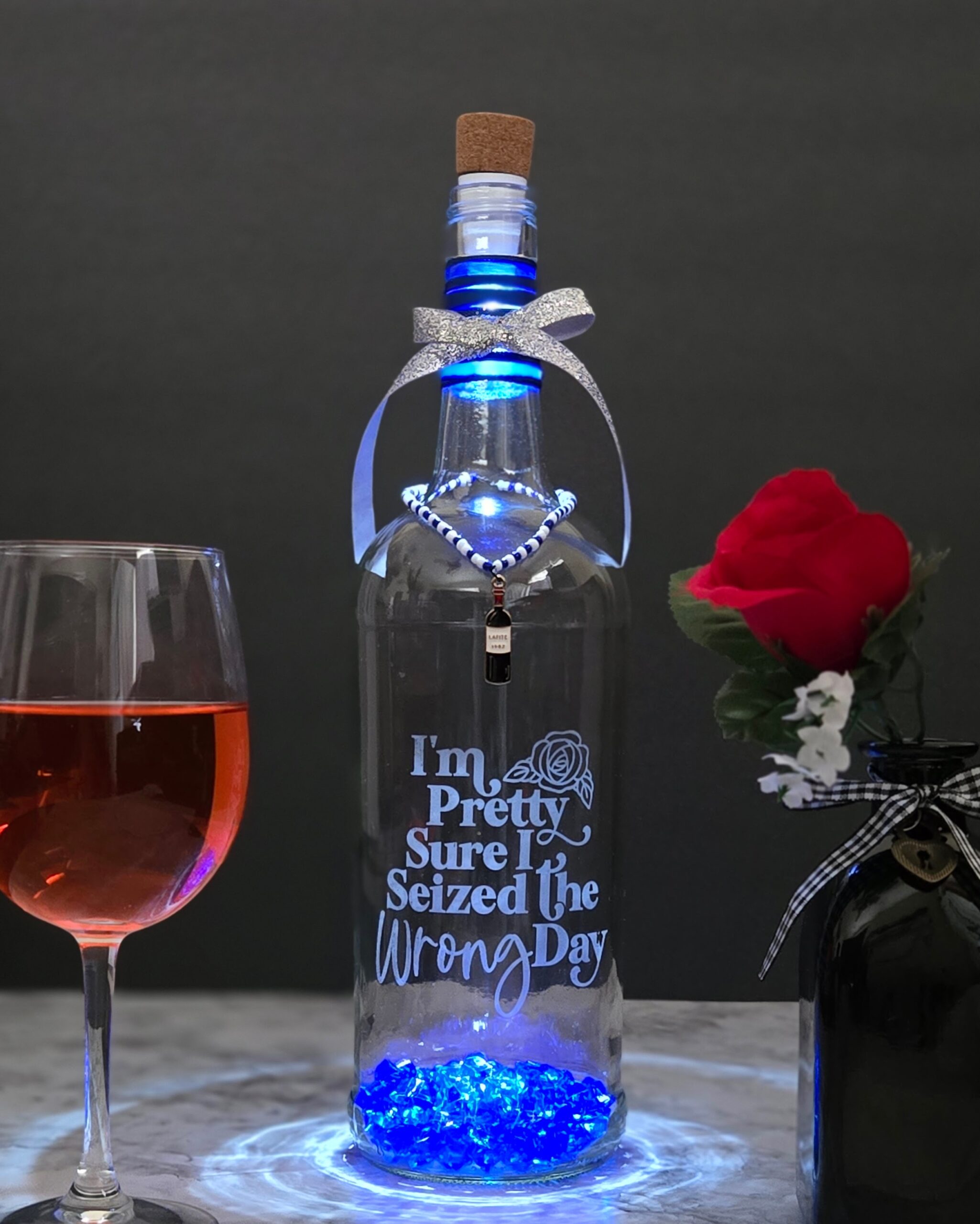 Home laser-etched, wine bottle, seized wrong day with USB rechargeable lights