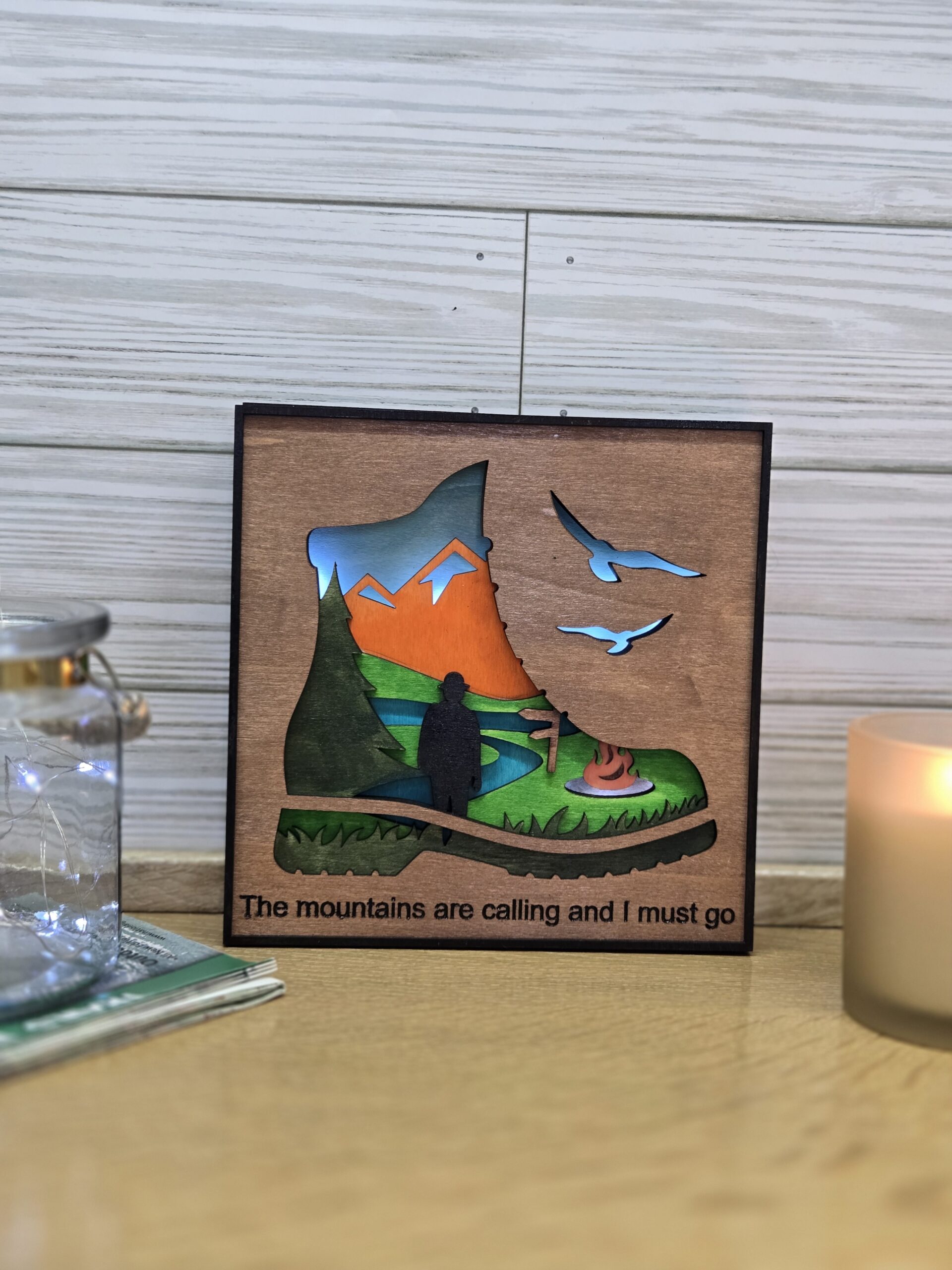 rustic laser cut layered wood home decor 12 x 12 in hiking boot with led lights