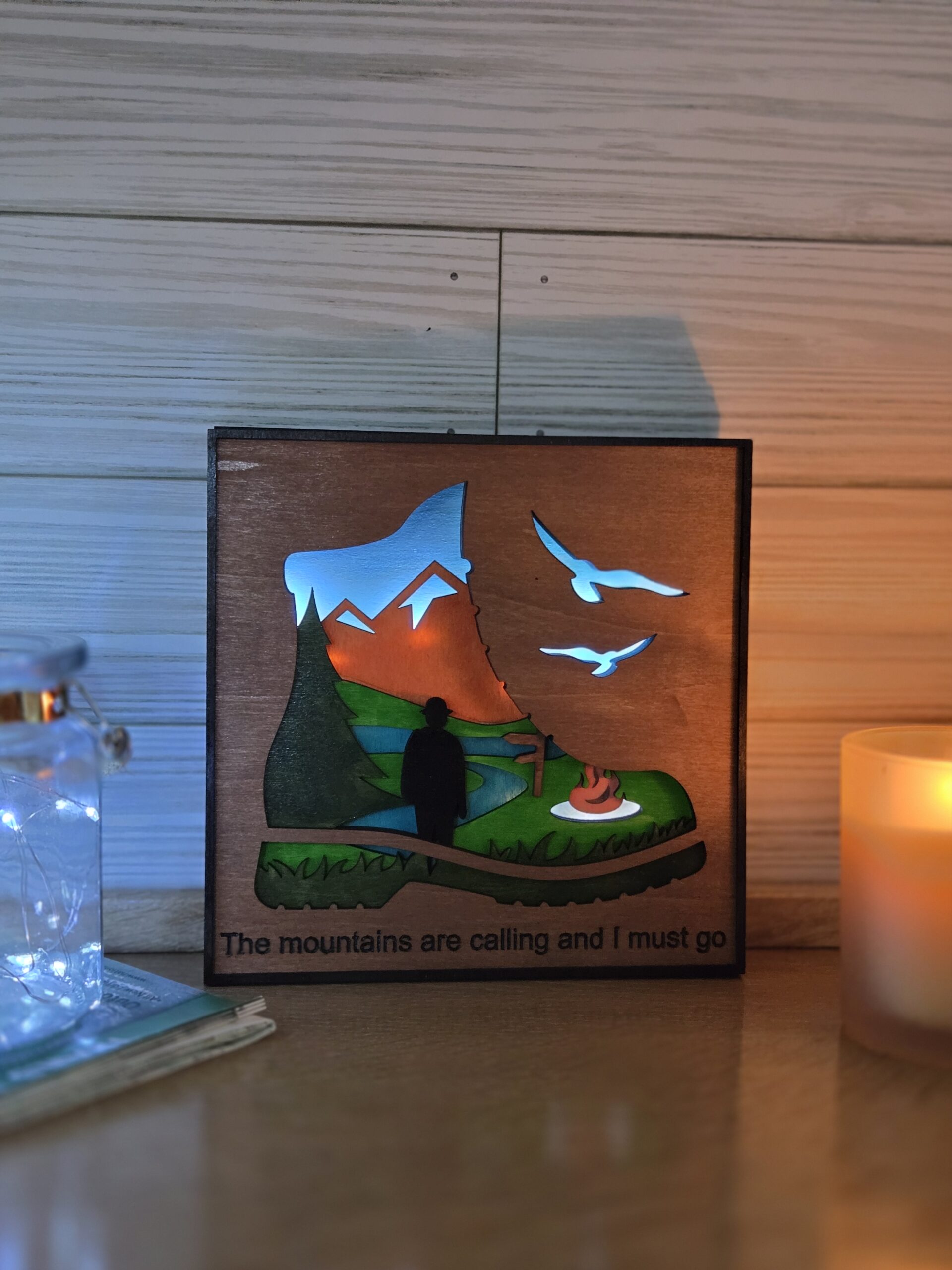 rustic laser cut layered wood home decor 12 x 12 in hiking boot with led lights