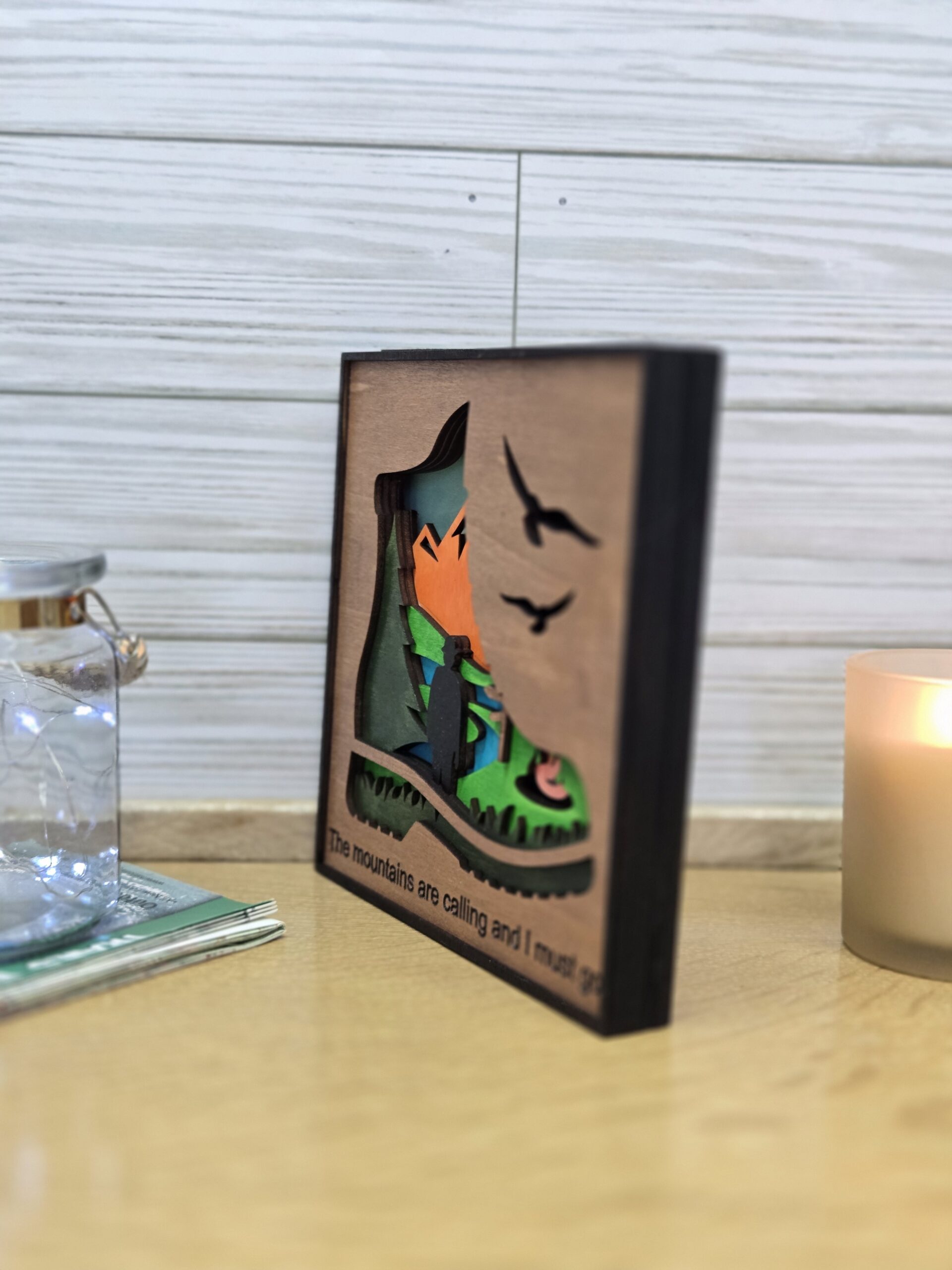 rustic laser cut layered wood home decor 12 x 12 in hiking boot with led lights