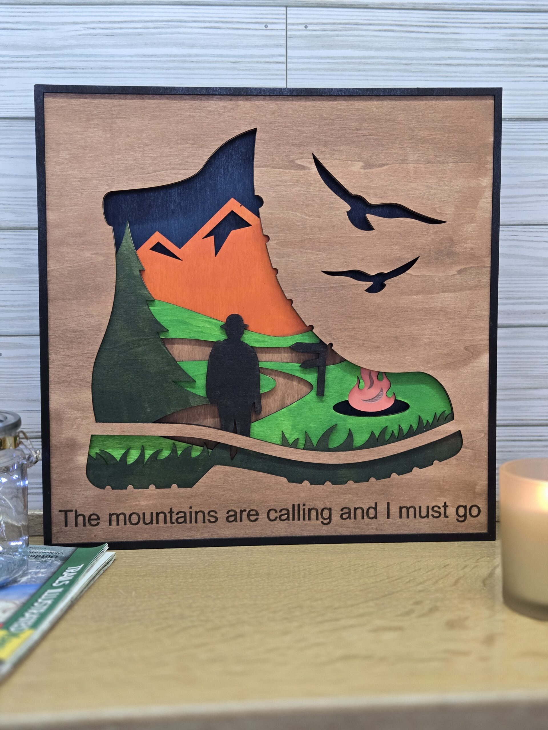 rustic laser cut layered wood home decor 12 x 12 in hiking boot with led lights