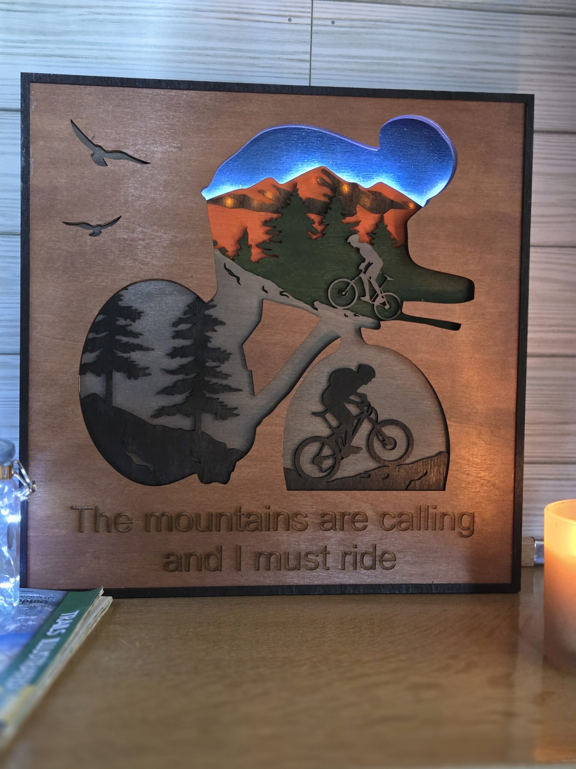 Home laser cut layered wood art; 3D wooden wall decor; mountain biking wall art; biker home decor