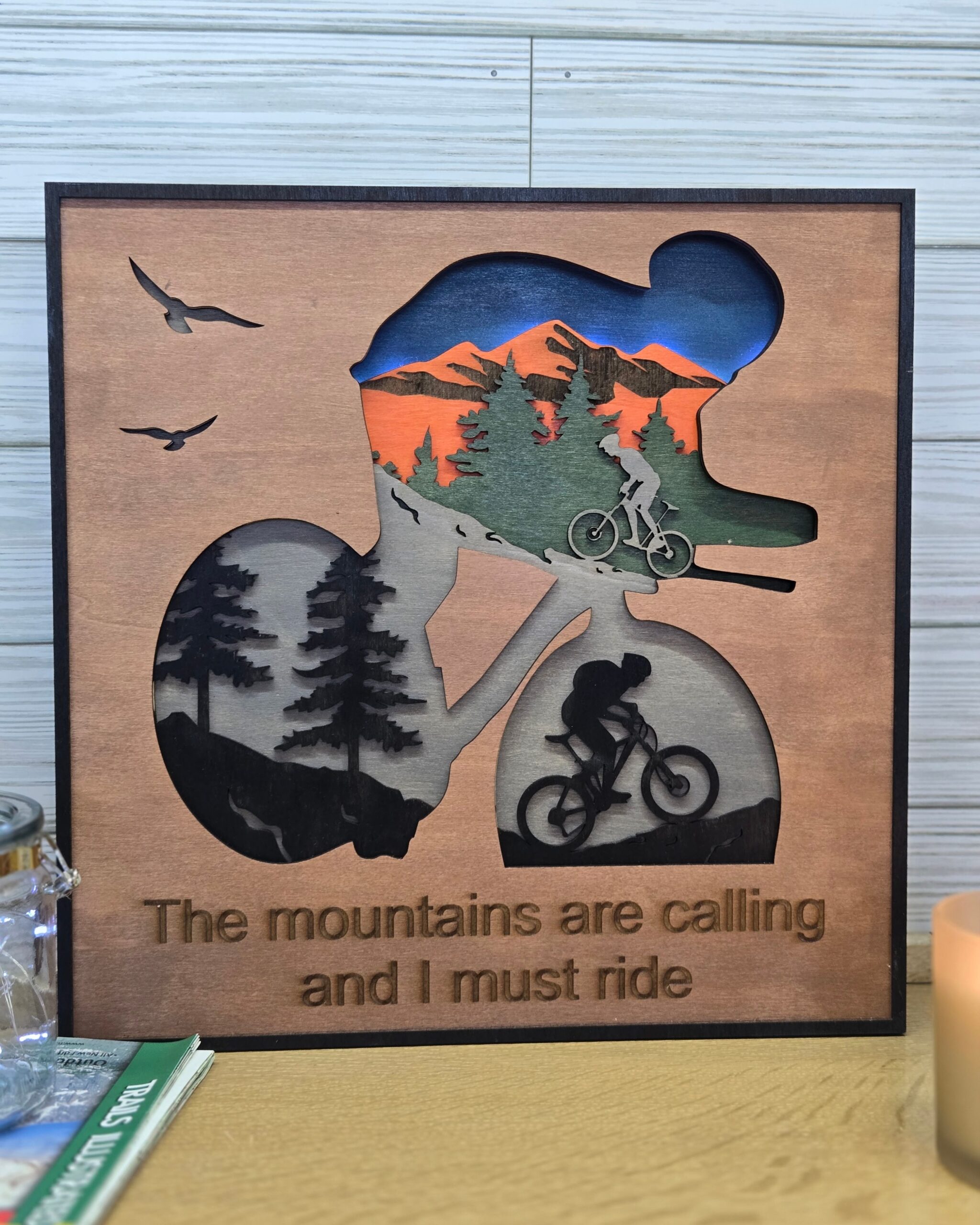Laser Cut Layered Wood Art – “The Mountains Are Calling” Mountain Biking Wall Decor | Handmade 3D Wooden Shadow Box