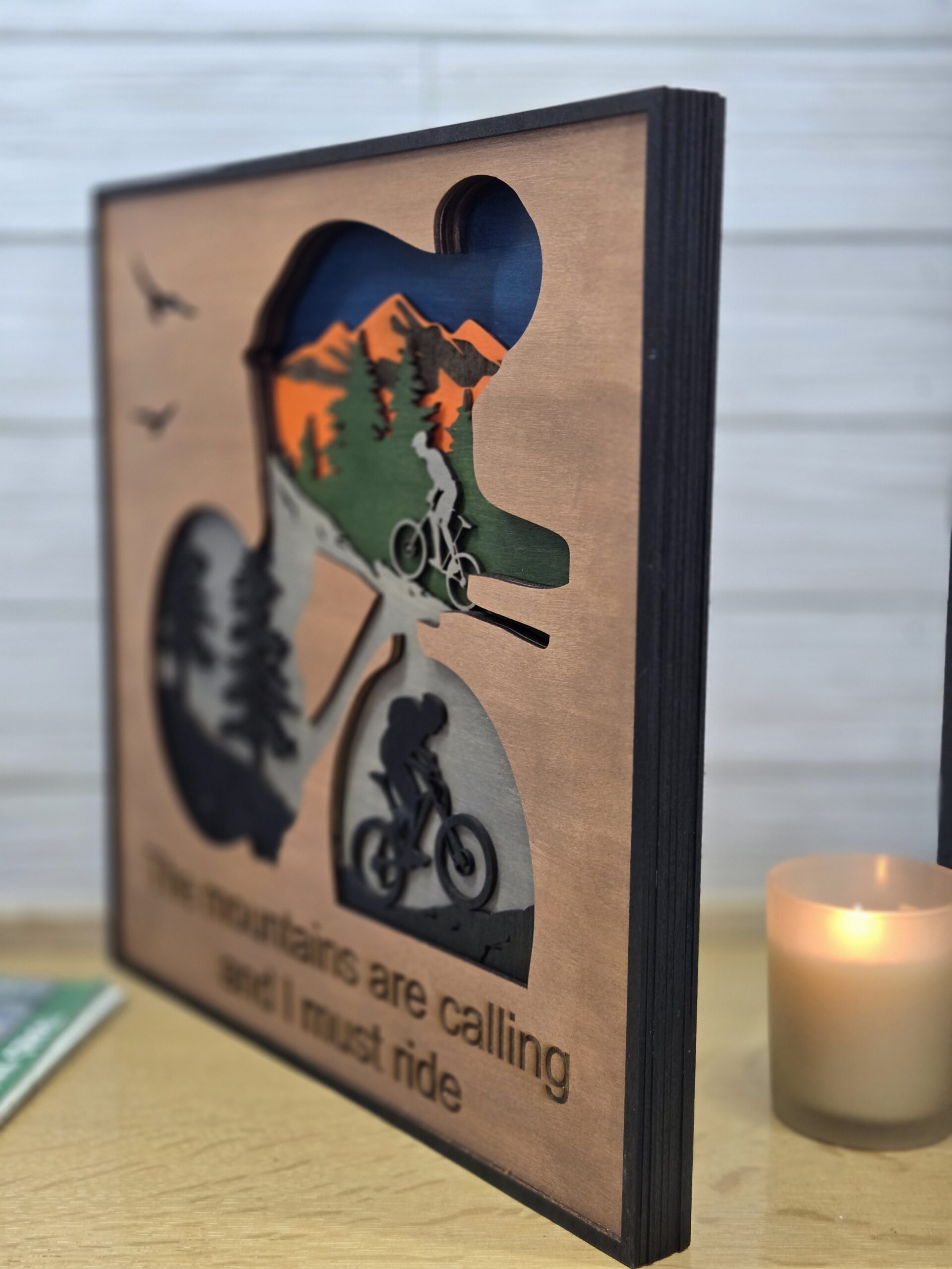 Laser Cut Layered Wood Art – “The Mountains Are Calling” Mountain Biking Wall Decor | Handmade 3D Wooden Shadow Box