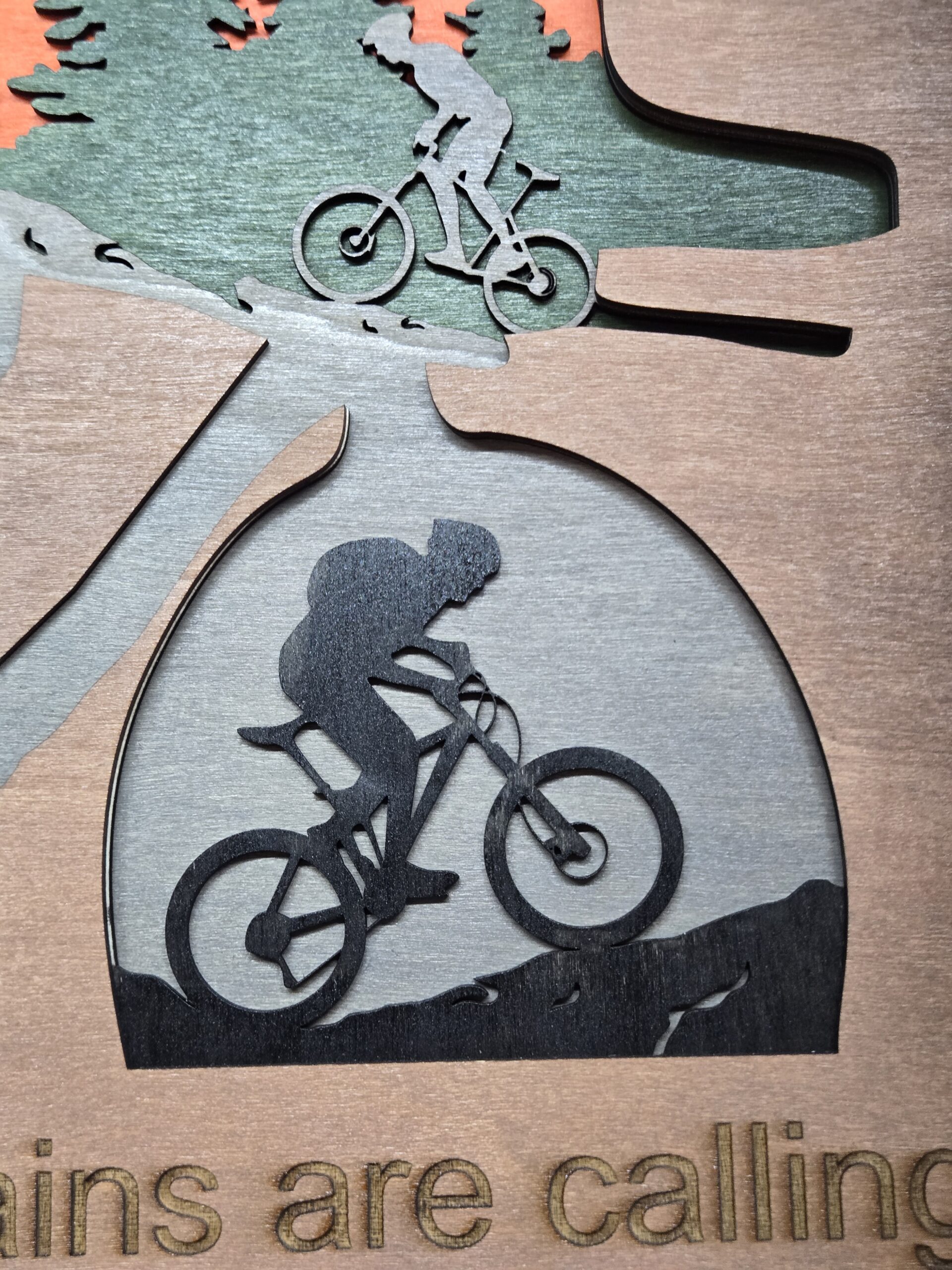 Laser Cut Layered Wood Art – “The Mountains Are Calling” Mountain Biking Wall Decor | Handmade 3D Wooden Shadow Box