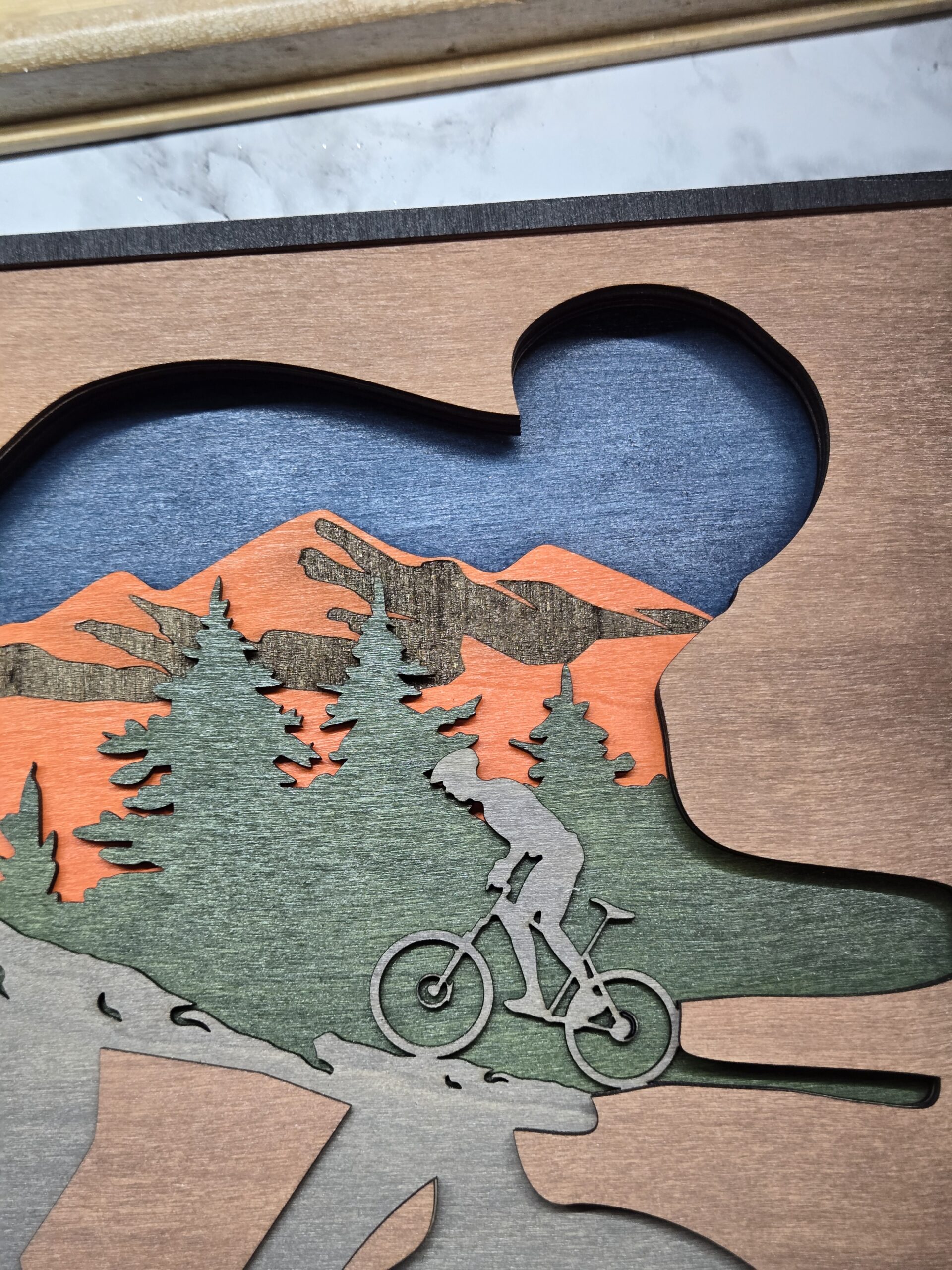 Laser Cut Layered Wood Art – “The Mountains Are Calling” Mountain Biking Wall Decor | Handmade 3D Wooden Shadow Box