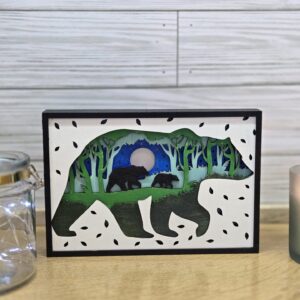 rustic laser cut layered wood wall or shelf decor – bear & cub silhouette with led lights