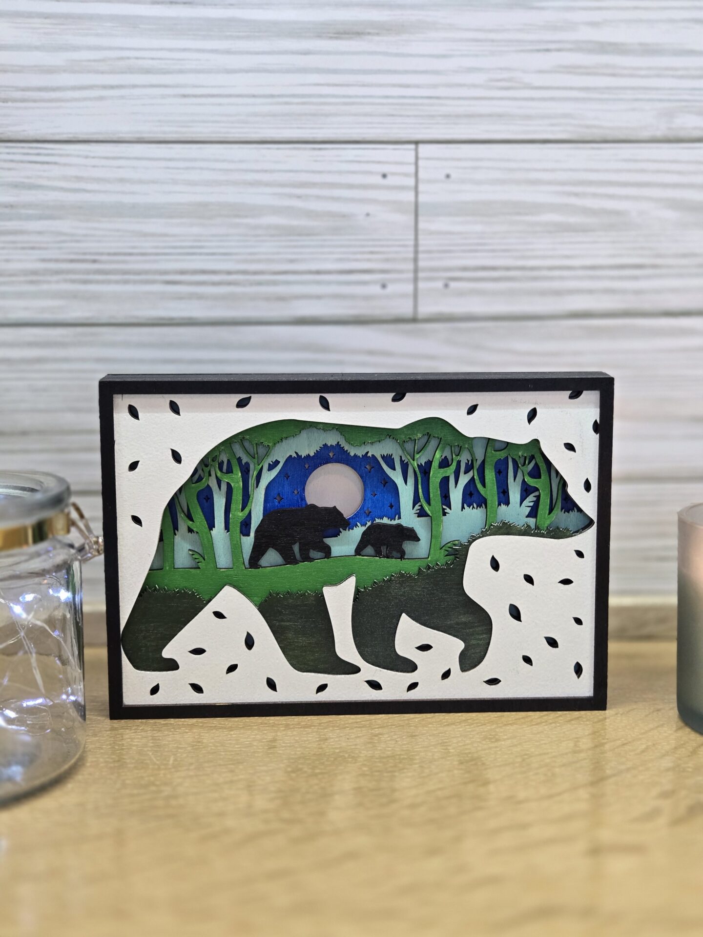 rustic laser cut layered wood wall or shelf decor – bear & cub silhouette with led lights rustic laser cut layered wood wall or shelf decor – bear & cub silhouette with led lights