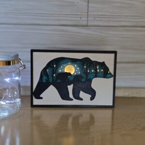 laser cut layered wood bear and cub decor with led lights