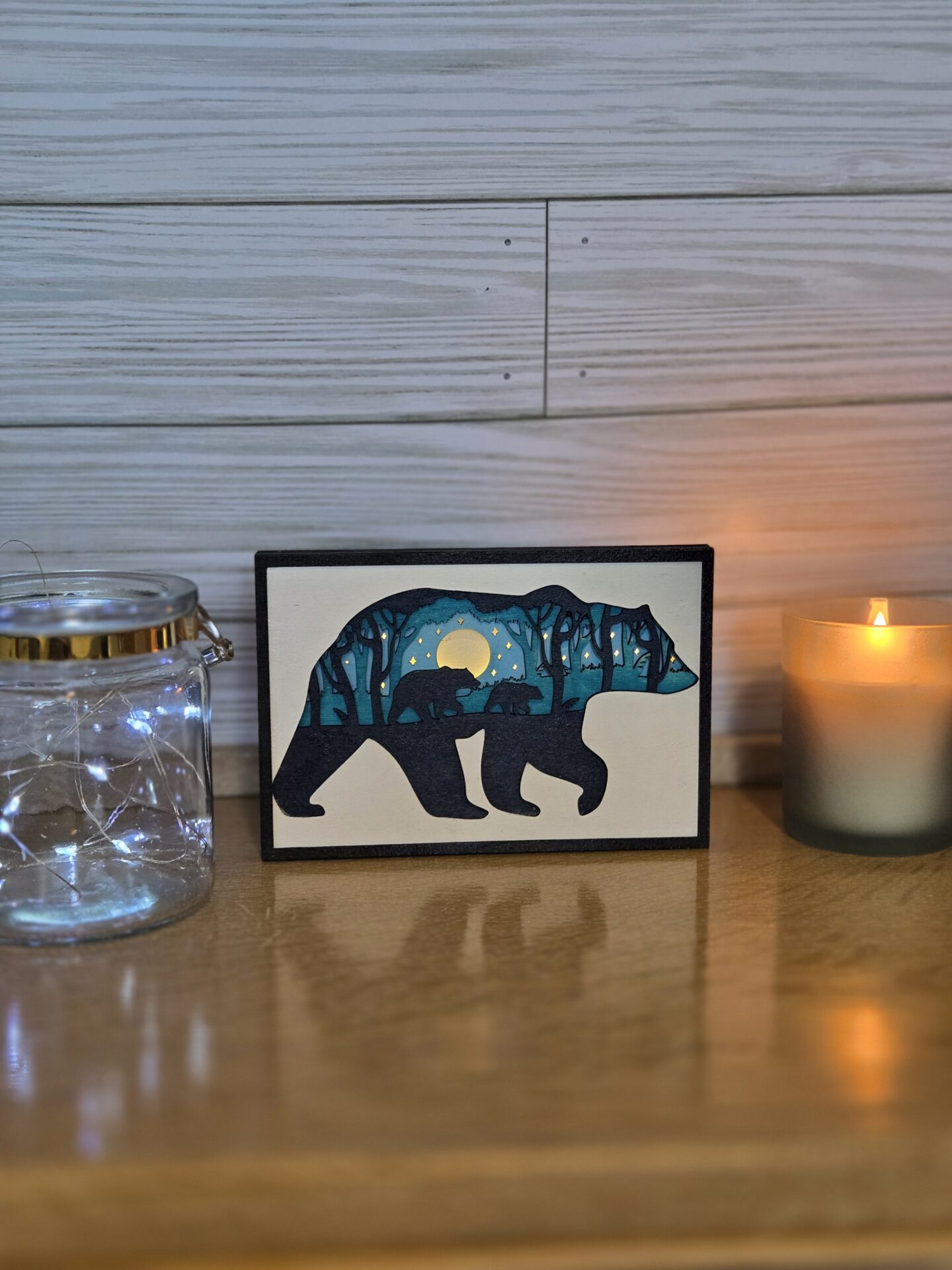 laser cut layered wood bear and cub decor with led lights laser cut layered wood bear and cub decor with led lights