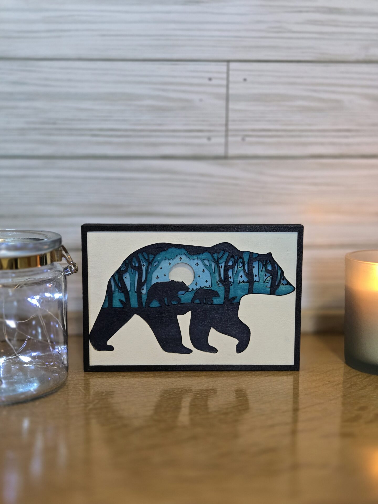 laser cut layered wood bear and cub decor with led lights laser cut layered wood bear and cub decor with led lights
