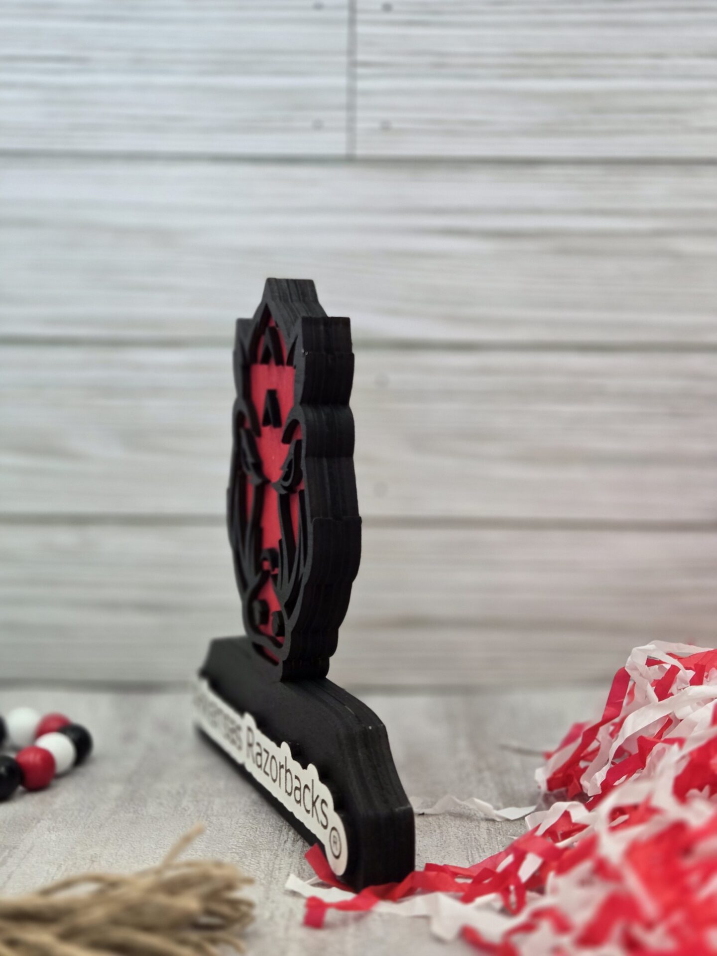 laser cut layered wood arkansas razorback shelf sitter