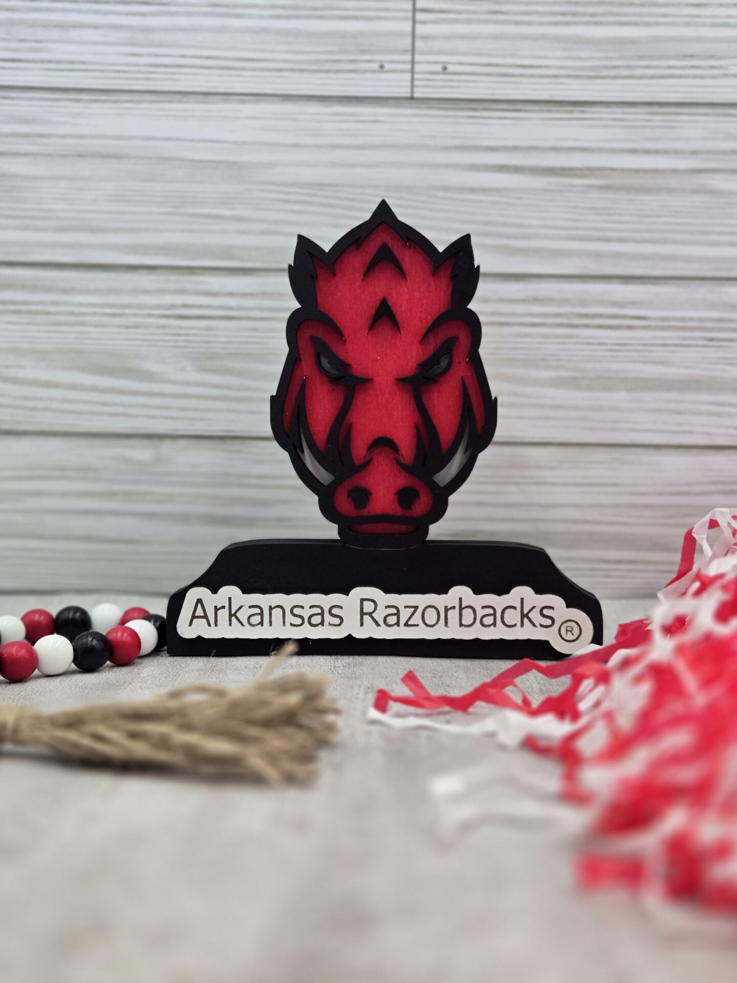 laser cut layered wood arkansas razorback shelf sitter