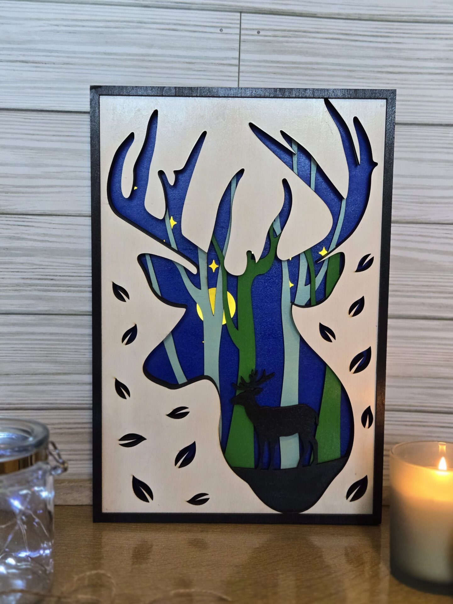 laser cut layered wood buck decor with led lights