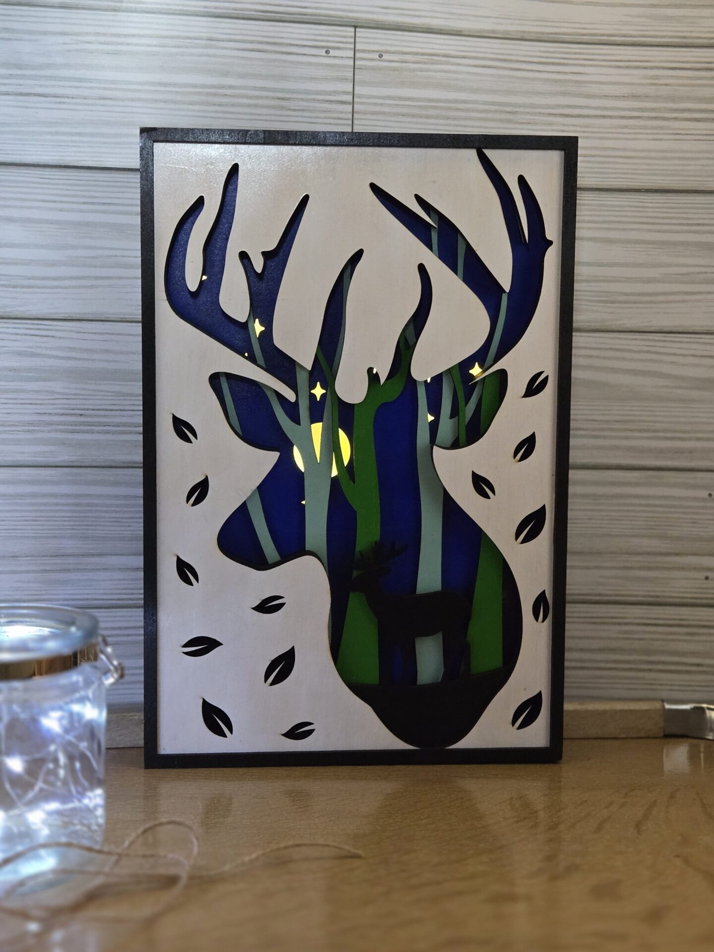 laser cut layered wood buck decor with led lights