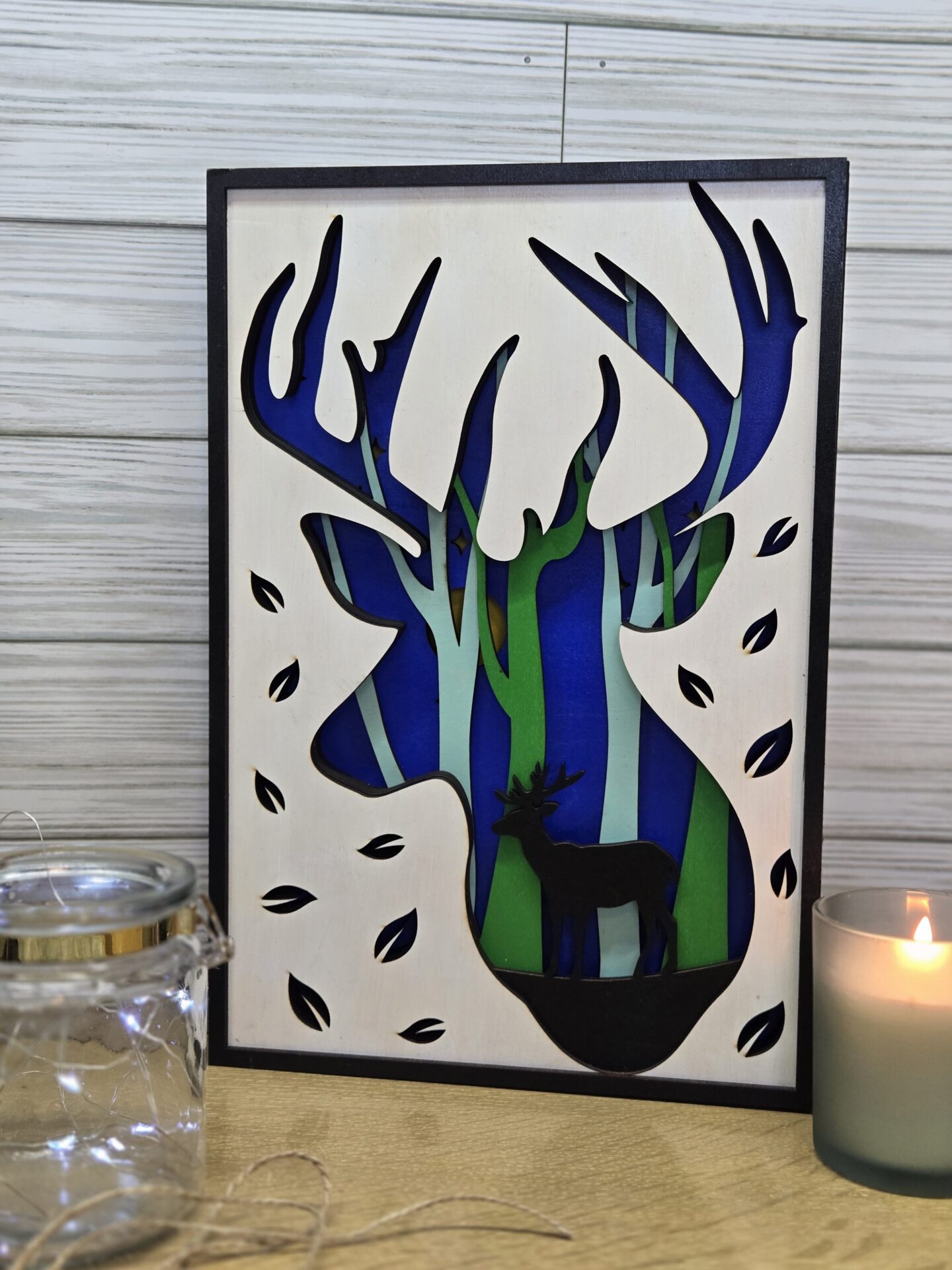 laser cut layered wood buck decor with led lights