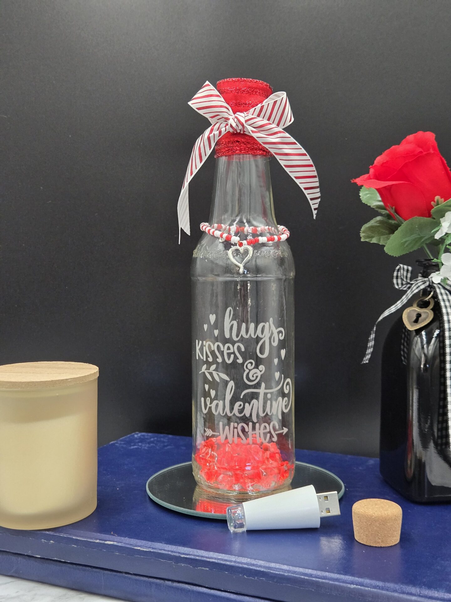 valentine lighted bottle decor | hugs kisses valentine wishes
