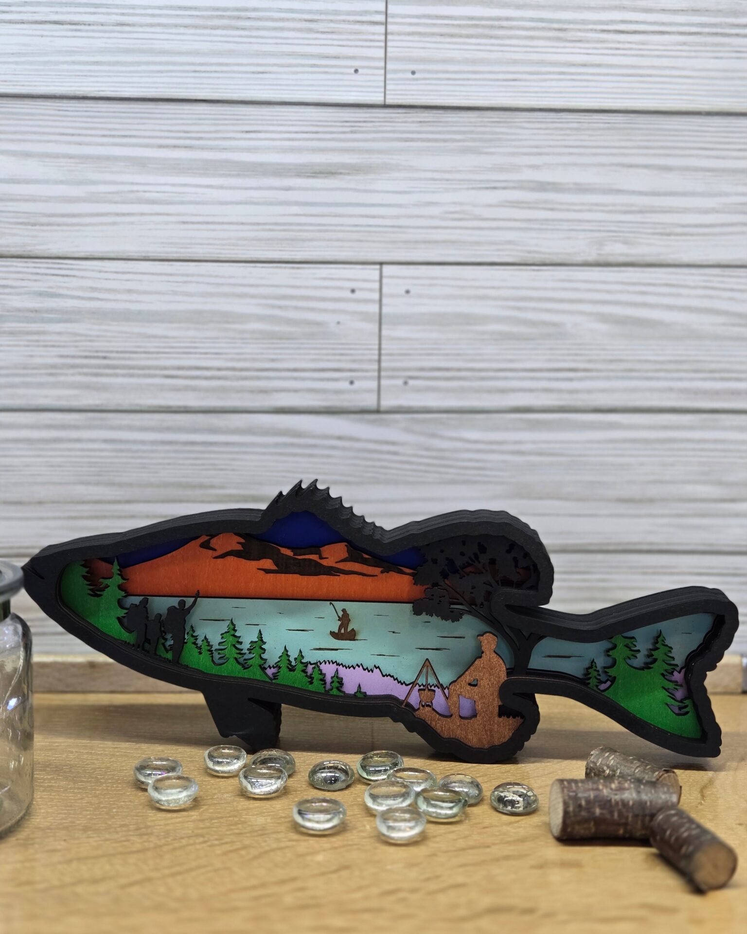 3d layered bass wood decor – laser cut fishing wall or shelf art for cabin, lake house & man cave