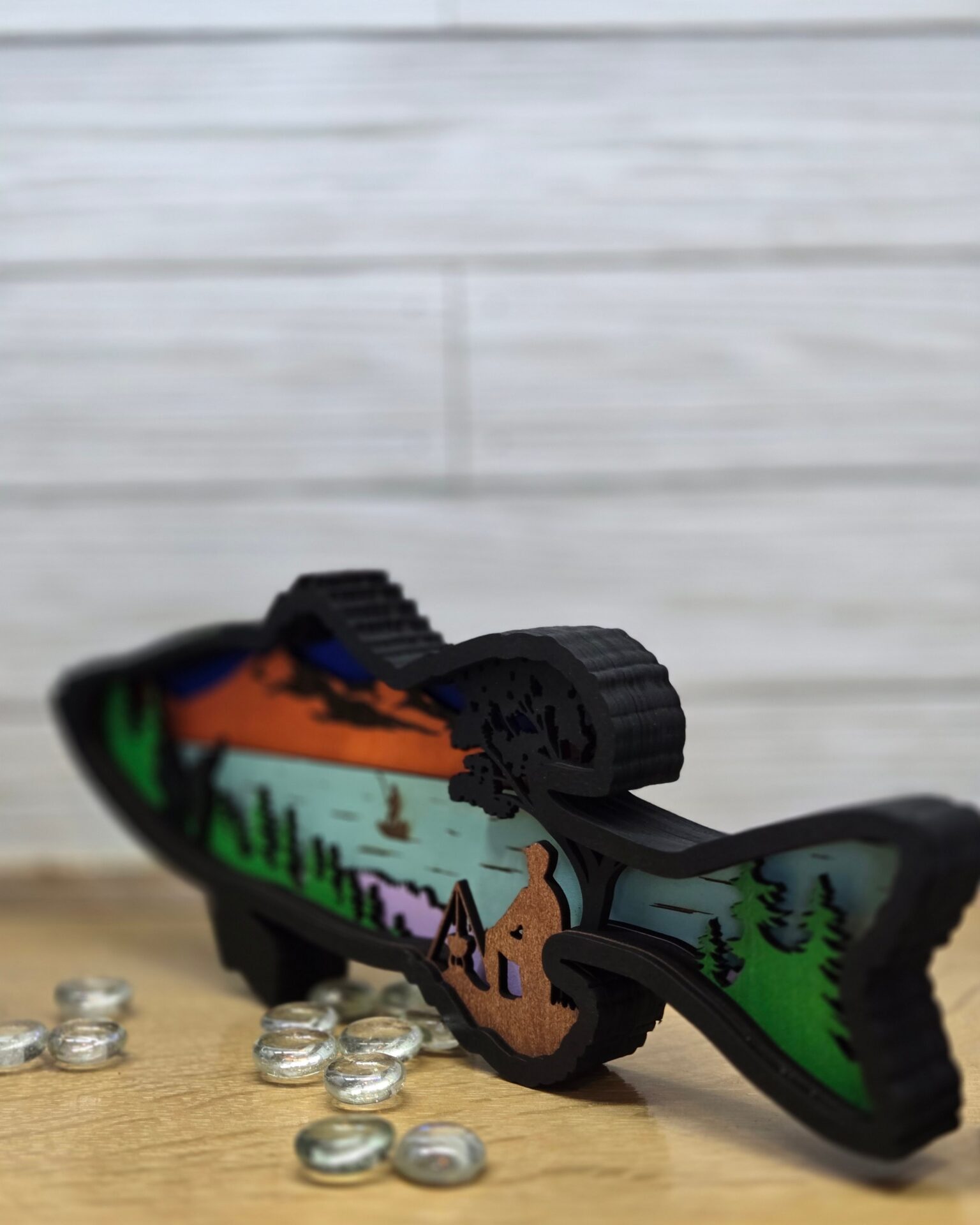 3d layered bass wood decor – laser cut fishing wall or shelf art for cabin, lake house & man cave