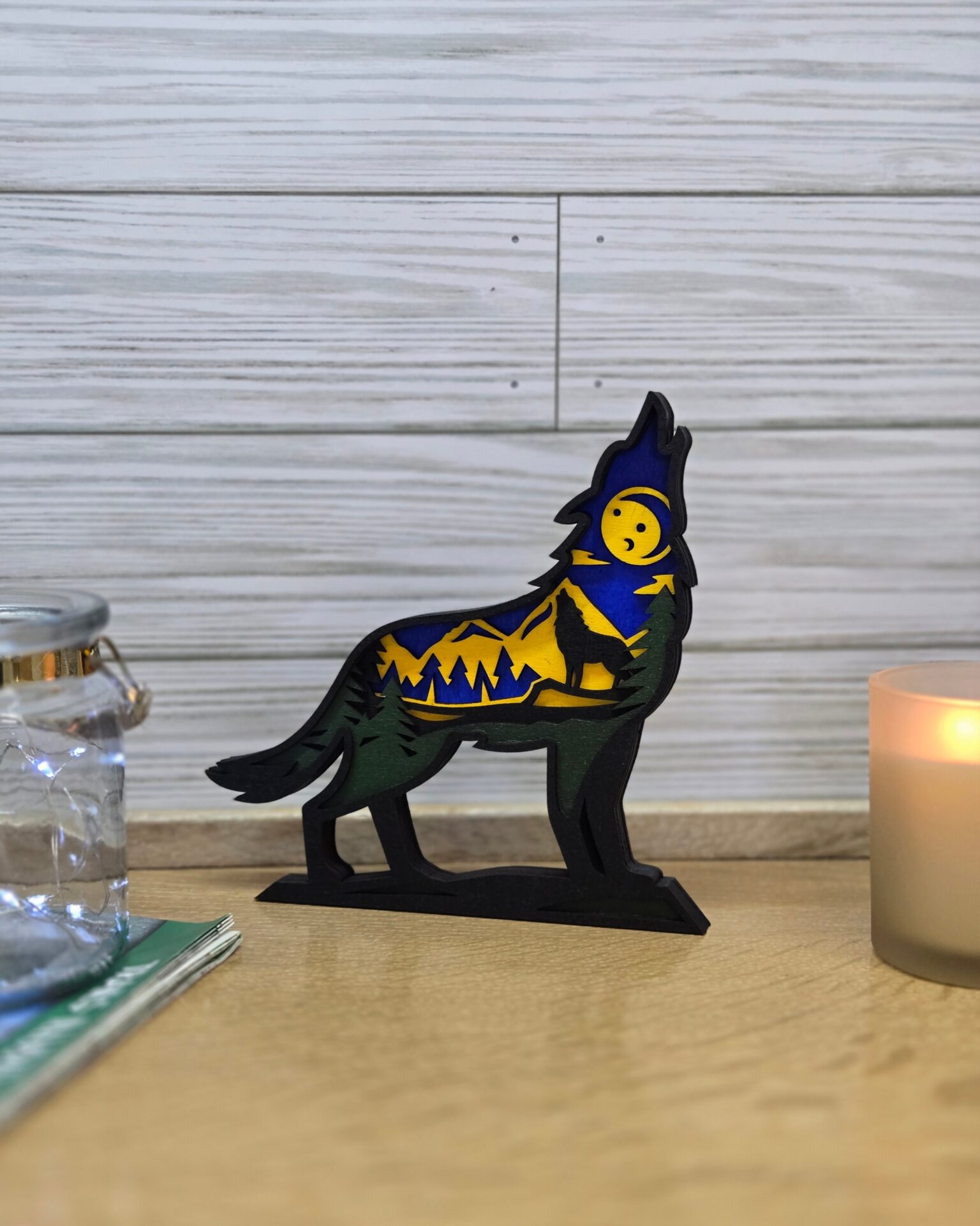 3d layered wolf shelf sitter | howling wolf wood cabin decor